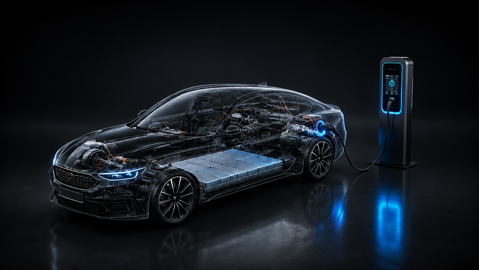 Ilustração de raio-x mostrando bateria e sistema elétrico de um carro elétrico